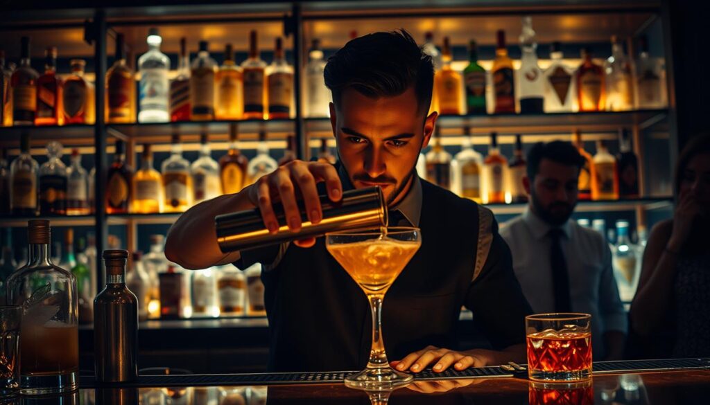 A dimly lit bar, where a skilled bartender expertly mixes cocktails, their face illuminated by the warm glow of the backlit shelves. Bottles of premium liquor and intricate glassware create a sophisticated ambiance. The bartender's hands move with precision, their eyes focused as they carefully measure and pour, blending flavors to perfection. Patrons watch in awe, captivated by the bartender's artistry and passion for their craft. The bartender's expression reflects a deep sense of fulfillment, their work a perfect balance of technical skill and creative expression. A high-contrast, cinematic lighting scheme enhances the dramatic atmosphere, emphasizing the bartender's skilled performance.