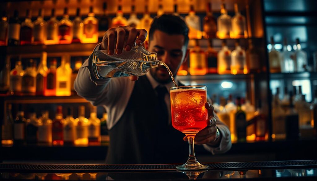 A dimly lit bar with a skilled bartender pouring a vibrant cocktail into a chilled glass. The scene is bathed in a warm, amber glow, casting a sophisticated and inviting atmosphere. Rows of liquor bottles line the shelves behind the bar, reflecting the light and adding depth to the composition. The bartender's hands move with practiced precision, demonstrating the expertise and artistry required to craft the perfect drink. The focus is on the action of drink preparation, capturing the essence of a bartender's primary duties.