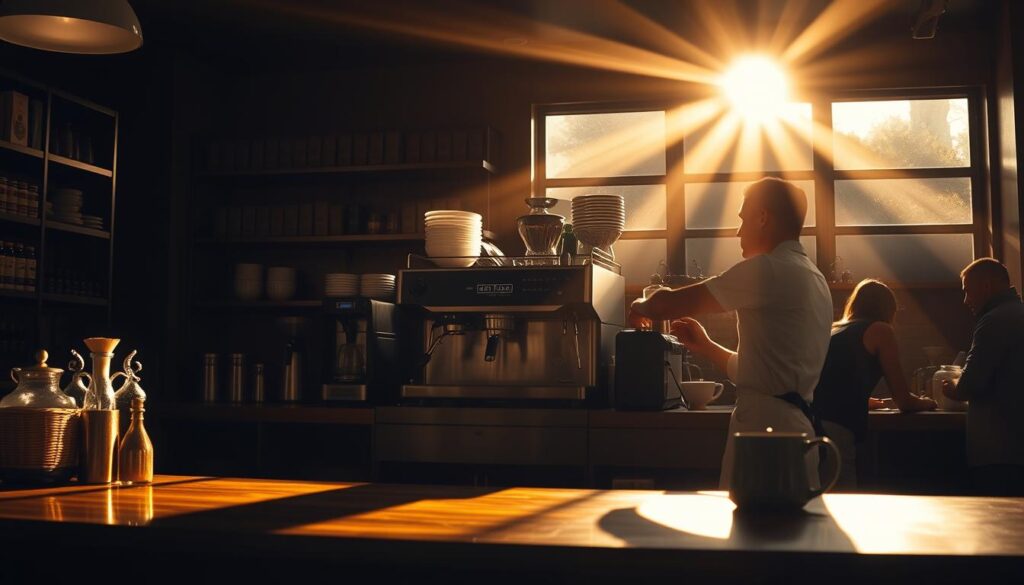 A dimly lit café interior, with a barista station at the center. The counter is made of polished wood, and behind it, a sleek espresso machine takes center stage. Rays of warm, golden light filter through the windows, casting a cozy ambiance. In the foreground, a barista in a crisp white apron meticulously prepares a latte, their movements precise and practiced. The background is filled with the gentle hum of conversation and the aroma of freshly brewed coffee. Shelves line the walls, stocked with an array of coffee beans and brewing equipment, hinting at the knowledge and expertise required to become a skilled barista.