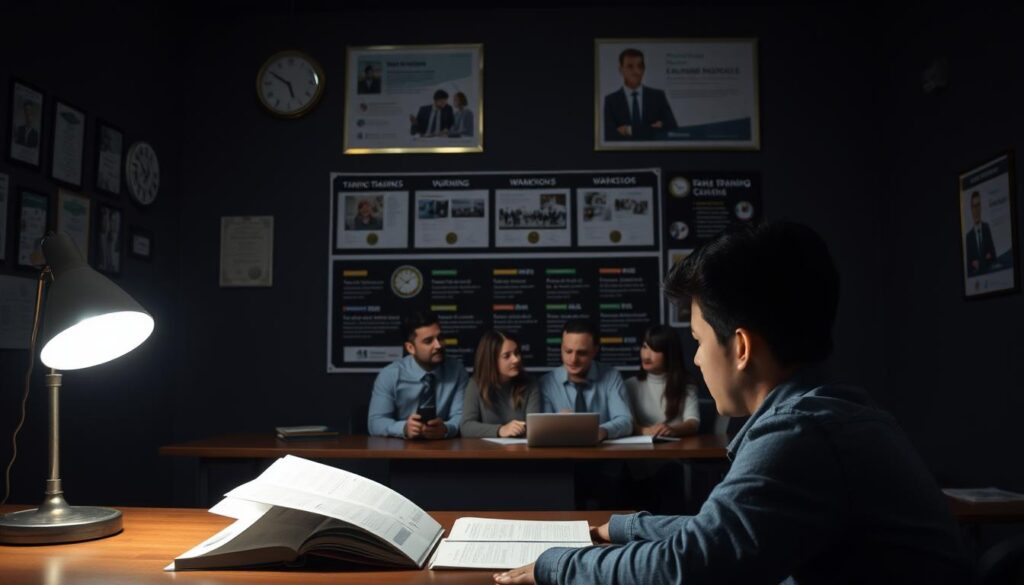 A dimly lit classroom, the walls adorned with certificates and diplomas, symbolizing the importance of continuous learning. In the foreground, a person sitting at a desk, intently studying a textbook, their face illuminated by the soft glow of a desk lamp. The middle ground features a group of professionals engaged in a lively discussion, their expressions reflecting the significance of ongoing education and professional development. In the background, a wall-mounted display showcases various training modules and workshops, emphasizing the breadth of opportunities for furthering one's skills. The overall atmosphere conveys a sense of dedication, growth, and the unwavering commitment to honing one's craft.