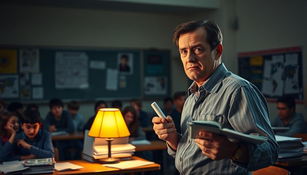 A dimly lit classroom, the weary face of a teacher standing at the front, chalk in hand. Stacks of unmarked papers on the desk, a testament to the endless hours of grading. The students, eyes glazed over, struggle to stay focused, their youthful energy dampened by the monotony of the lesson. The walls are lined with posters and charts, a faded reminder of the passion that once filled this space. The air is thick with the scent of chalk dust and the heavy burden of responsibility. A single desk lamp casts a warm glow, illuminating the teacher's expression – a mixture of dedication and resignation. This is the reality of the teaching profession, a delicate balance between inspiring young minds and navigating the challenges of an overburdened system.