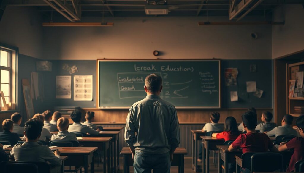 A dimly lit classroom with a chalkboard at the center, conveying the somber atmosphere of the education industry's challenges. In the foreground, a weary teacher stands, their shoulders slumped, surrounded by a sea of desks occupied by disengaged students. The middle ground features outdated textbooks, tattered posters, and a crumbling infrastructure, reflecting the lack of resources and investment. The background is hazy, with a sense of uncertainty and the looming pressure of budget constraints and bureaucratic constraints. Soft, warm lighting filters through the windows, creating a bittersweet mood. The overall scene evokes a sense of the struggles faced by educators and the need for systemic reform.