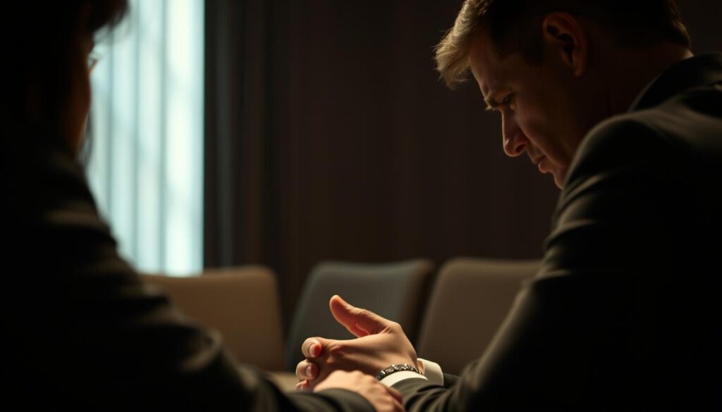 A dimly lit conference room, the air thick with tension. A job candidate sits nervously, fidgeting with their hands, as the interviewer leans forward, brow furrowed. The candidate's face is partly obscured, their expression a mix of uncertainty and discomfort. The background is blurred, drawing the viewer's attention to the interaction, the moment of hesitation that could make or break a career. Soft, warm lighting casts shadows, creating a sense of depth and drama. A cautionary tale, a warning to those who may stumble when faced with the final hurdle of the interview process.