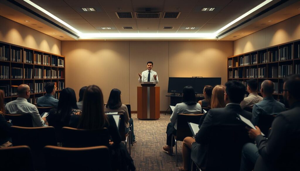 A dimly lit conference room, with rows of chairs arranged in a semicircle around a central podium. On the podium, an archivist in a crisp white shirt and black tie stands, gesturing animatedly as they present to a group of attentive trainees. The walls are lined with bookshelves and filing cabinets, suggesting the wealth of historical records and documents that the archivist is entrusted to manage. Soft, warm lighting casts a cozy glow over the scene, creating an atmosphere of focused learning and professional development. The trainees, dressed in a mix of formal and casual attire, lean forward with notebooks and pens in hand, eager to absorb the archivist's expertise.