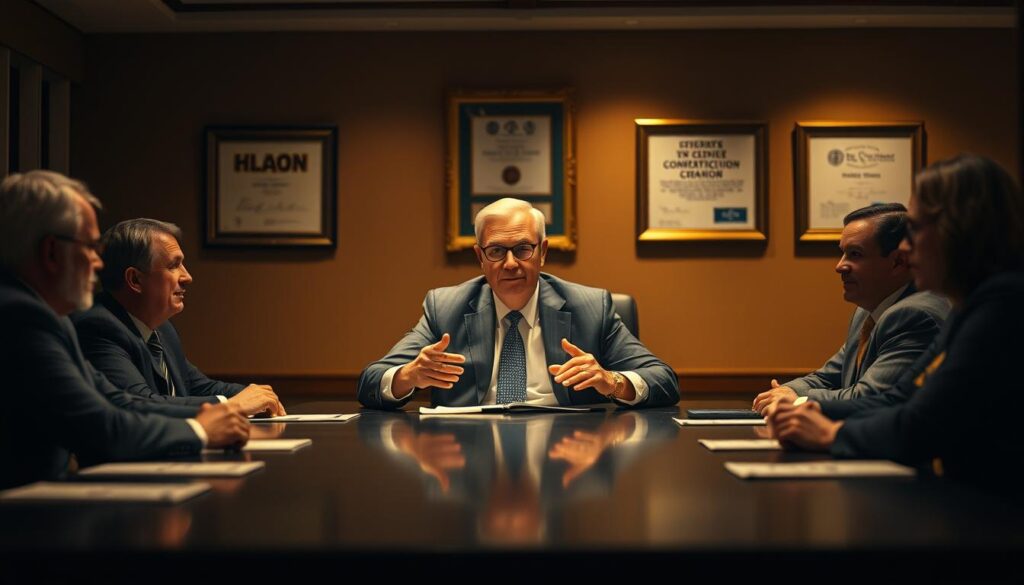A dimly lit corporate office scene, with a large conference table in the foreground. A serious-looking commissioner in a tailored suit sits at the head of the table, surrounded by a team of executives. The commissioner's expression conveys authority and command, their hands gesturing as they outline their responsibilities - overseeing budgets, enforcing regulations, and ensuring the organization's compliance. In the middle ground, framed certificates and awards on the walls suggest the commissioner's extensive experience and expertise. The background is softly blurred, hinting at the larger organizational structure the commissioner navigates. The lighting is warm and focused, creating a sense of professionalism and gravity befitting the commissioner's role.