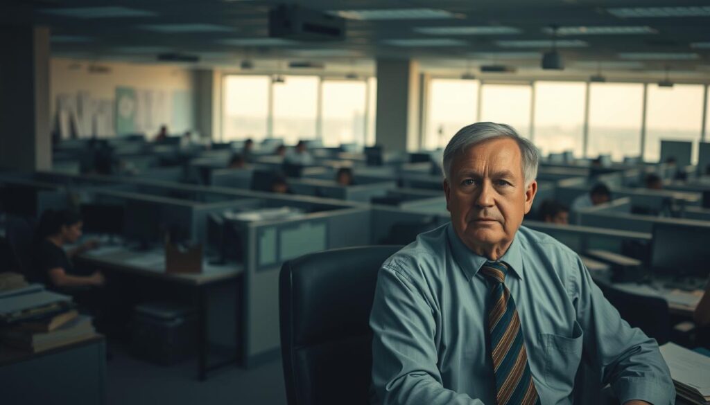 A dimly lit corporate office, the walls adorned with outdated decor and the air thick with stagnation. In the foreground, a middle-aged executive sits at a cluttered desk, their expression conveying a sense of resigned complacency. The middle ground reveals a maze of cubicles, where employees toil away without enthusiasm, their faces etched with boredom. The background fades into a hazy, lifeless landscape, symbolizing the lack of growth and opportunity in this stagnant industry. Soft, muted tones create an atmosphere of stagnation, while subtle shadows and highlights add depth and a sense of claustrophobia. The overall scene evokes a sense of stagnation, risk aversion, and the need to break free from the confines of this uninspiring work environment.