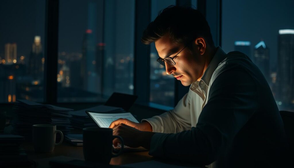 A dimly lit corporate office, with a consultant hunched over a laptop, surrounded by piles of documents and half-empty coffee mugs. The scene is bathed in a warm glow, creating a sense of late-night intensity. The consultant's face is focused, brows furrowed, as they navigate a complex spreadsheet, the glow of the screen reflecting off their tired eyes. In the background, a cityscape is visible through the window, the lights of skyscrapers twinkling in the distance, a reminder of the demands of the modern business world. The overall atmosphere conveys the long hours, intense pressure, and relentless pace of a consultant's life.