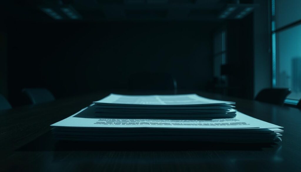 A dimly lit corporate office, with a large desk and a stack of documents prominently displayed. The documents are the focal point, their corners casting long shadows across the desk's surface, creating a sense of importance and gravity. The background is slightly blurred, emphasizing the documents and the ominous atmosphere. The lighting is subdued, creating a sense of seriousness and formality, as if the documents hold the key to the future of a non-compete agreement. The camera angle is slightly elevated, giving the viewer a sense of power and authority over the scene.
