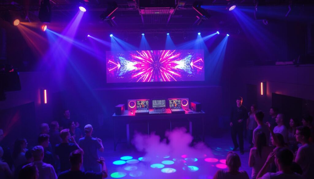 A dimly lit, cozy club interior with a raised DJ booth and state-of-the-art audio equipment. Vibrant LED lighting bathes the dance floor in a pulsing array of colors, casting an energetic, euphoric atmosphere. Behind the booth, an expansive, high-resolution video wall displays mesmerizing visuals, perfectly synchronized with the thumping beats. The booth itself is equipped with an array of mixing consoles, turntables, and MIDI controllers, allowing the VJ to seamlessly blend audio and video for an immersive performance. The space is filled with a diverse crowd of music enthusiasts, moving in sync to the infectious rhythm. A haze of fog and beams of spotlights complete the scene, creating a professional, cutting-edge environment for the VJ to showcase their creative talents.