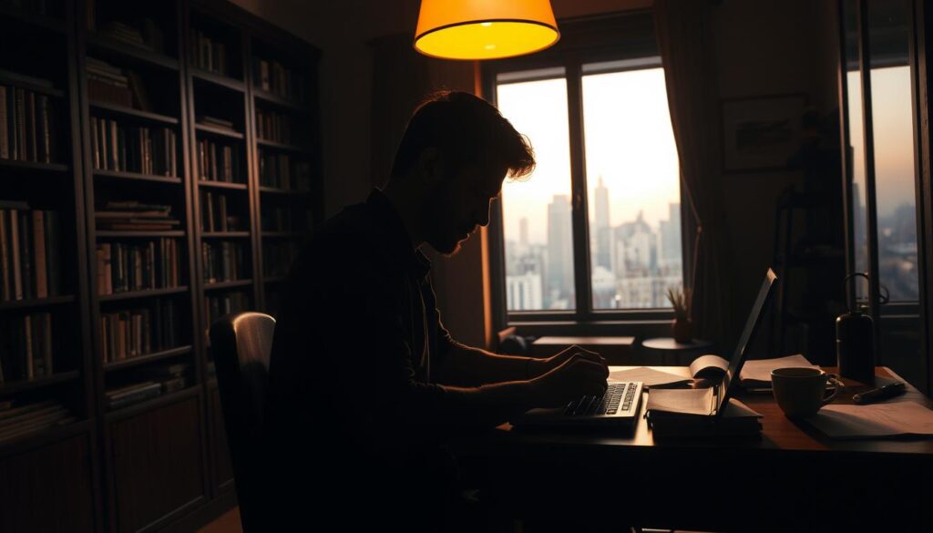 A dimly lit, cozy study with a wooden desk and bookshelves lining the walls. On the desk, a laptop, a cup of coffee, and scattered notes and manuscripts. In the foreground, the silhouette of a person deeply engrossed in writing, their hands dancing across the keyboard. Overhead, a warm, golden light illuminates the scene, creating a contemplative atmosphere. In the background, a window overlooking a bustling city skyline, hinting at the writer's connection to the vibrant world of gaming. The focus is on the writer's intense concentration, capturing the essential skills required to craft captivating game narratives.