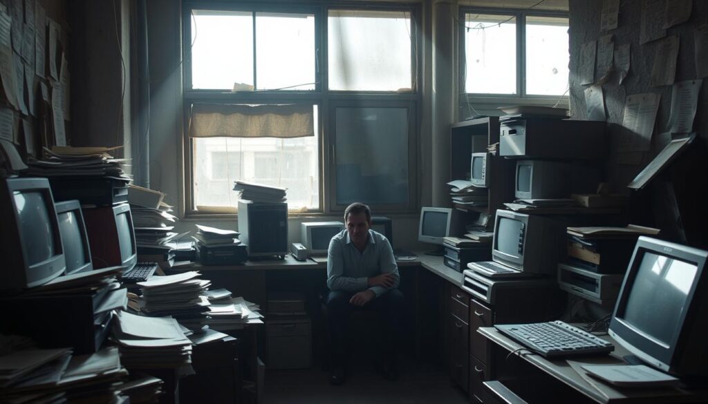A dimly lit, cramped office space with outdated technology and worn furnishings. The room is cluttered with piles of dusty paperwork and antiquated computers, conveying a sense of stagnation and limited potential. Sunlight barely filters through the grimy windows, casting a dull, lifeless glow over the scene. A lone employee sits hunched over a desk, their expression resigned and weary, reflecting the lack of growth and opportunity in this stagnant environment.