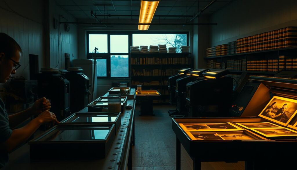A dimly lit darkroom, the air thick with the scent of chemicals. In the foreground, a technician meticulously processes film, their hands skillfully manipulating the delicate negatives. Trays of developer and fixer solutions line the workbench, casting a warm, amber glow across the scene. The middle ground reveals a series of enlargers, their lenses trained on the prints being carefully exposed. Shelves of neatly organized film canisters and photographic paper create a sense of order amidst the technical complexity. In the background, a large window offers a glimpse of the outside world, but the focus remains firmly on the dedicated craft of the darkroom technician, their concentration unwavering as they bring each image to life.