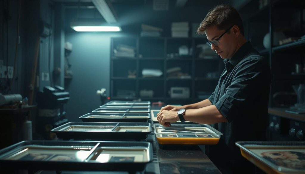 A dimly-lit darkroom, the air thick with the scent of chemicals. In the foreground, a skilled photo developer carefully handles film, meticulously guiding it through the various stages of the process. Trays of developer, fixer, and rinse water line the workbench, their contents casting a soft, ambient glow. The developer's face is focused, their hands steady as they produce high-quality prints, each one a testament to their technical expertise. In the background, shelves hold neatly organized equipment and supplies, hinting at the breadth of knowledge required for this specialized career path. The scene conveys the tranquil, methodical nature of the photo developing profession, a career that demands precision, patience, and a deep passion for the craft.