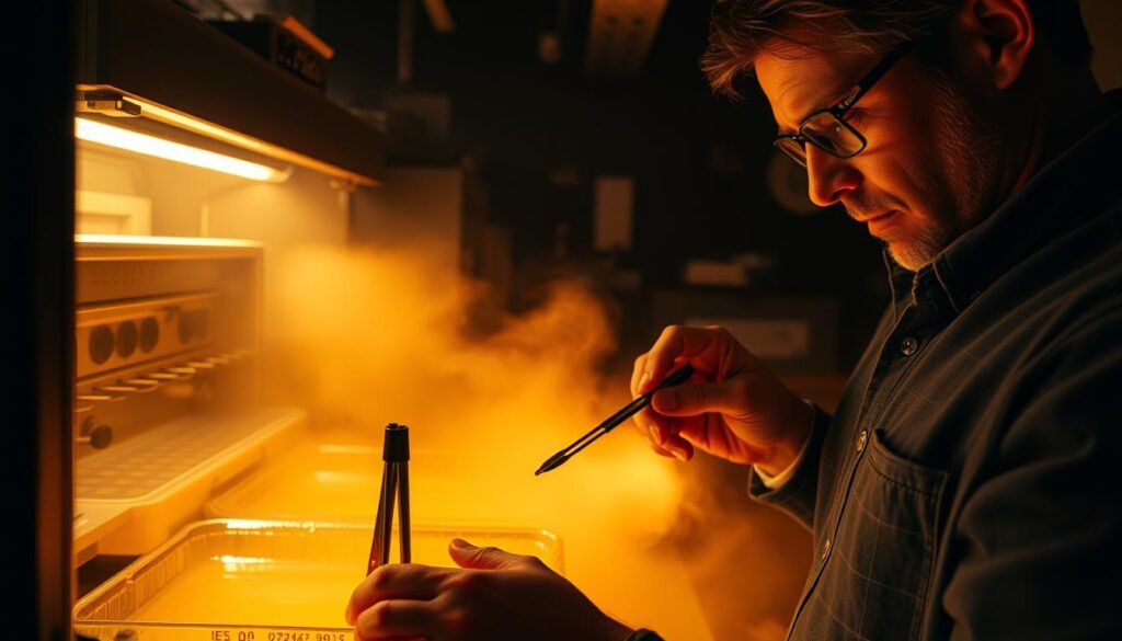 A dimly lit darkroom with a skilled photographer carefully developing film. In the foreground, their hands deftly manipulate tongs, gently guiding the delicate film through chemical baths. The middle ground features an array of specialized equipment - enlargers, timers, and trays filled with solutions. The background is shrouded in a soft, amber glow, creating an atmosphere of focus and precision. The photographer's expression is one of intense concentration, reflecting the technical mastery and artistry required to bring out the full potential of each captured image.