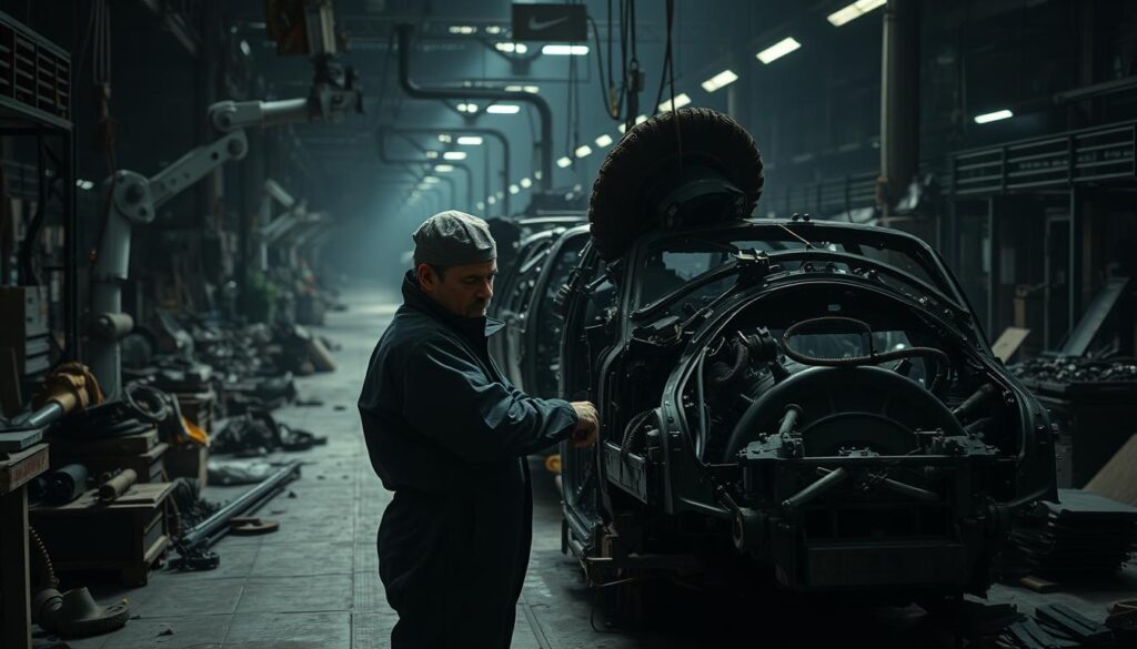 A dimly lit factory floor, with the hulking silhouettes of assembly lines and robotic arms casting long shadows. In the foreground, a worker in a protective suit struggles to maintain an aging, malfunctioning machine, their expression one of frustration and fatigue. The background is cluttered with piles of spare parts, outdated tools, and a sense of disrepair that permeates the scene. The lighting is harsh, creating deep contrasts and a sense of tension, reflecting the challenges faced by the automotive manufacturing industry - rising costs, fierce global competition, and the need for constant innovation to stay relevant. The overall atmosphere conveys the difficulty of maintaining profitability and job stability in this turbulent landscape.