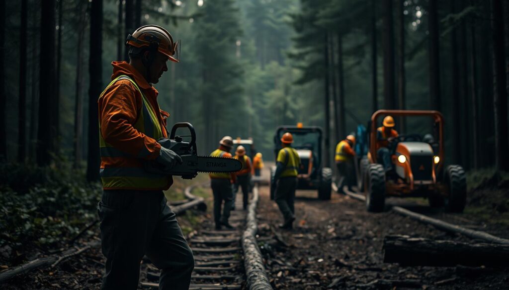 A dimly lit forestry worksite, with a team of skilled workers in high-visibility gear carefully navigating the terrain. In the foreground, a worker demonstrates the proper use of a chainsaw, emphasizing safety protocols. In the middle ground, other workers operate logging machinery, their movements precise and controlled. The background showcases the dense, verdant forest, hinting at the challenging yet rewarding nature of the work. Soft, warm lighting casts a contemplative mood, underscoring the importance of safety and well-being in this vital industry.
