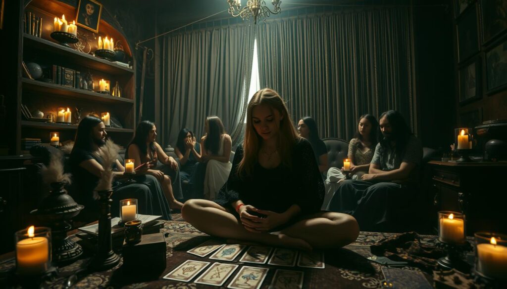 A dimly lit fortune-telling parlor, filled with the scent of incense and the soft glow of candles. In the foreground, a mystical tarot card reader sits cross-legged, her hands poised over a spread of arcane symbols. Crystals and ancient tomes adorn the shelves behind her, casting a serene, otherworldly ambiance. The middle ground reveals a diverse array of clients, each seeking guidance and insight from the gifted diviner. In the background, a curtain of beaded strands parts, hinting at the private sanctum where the fortune-teller conducts her most profound rituals, the source of her income and power. Dramatic chiaroscuro lighting illuminates the scene, creating an atmosphere of mystery and allure.