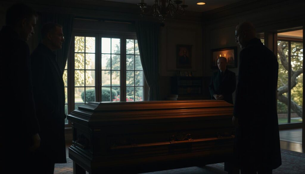 A dimly lit funeral home interior, the casket at the center, surrounded by somber figures in dark attire. The casket is crafted with intricate wood carvings, a testament to the skill of the funeral director. Soft, warm lighting casts a solemn glow, highlighting the reverence and care taken in the preparation of the deceased. In the background, a window offers a glimpse of a tranquil, sun-dappled garden, symbolizing the hope of a peaceful afterlife. The overall scene conveys the gravity and importance of the funeral director's role, their work imbued with a sense of tradition, respect, and the promise of a dignified final journey.