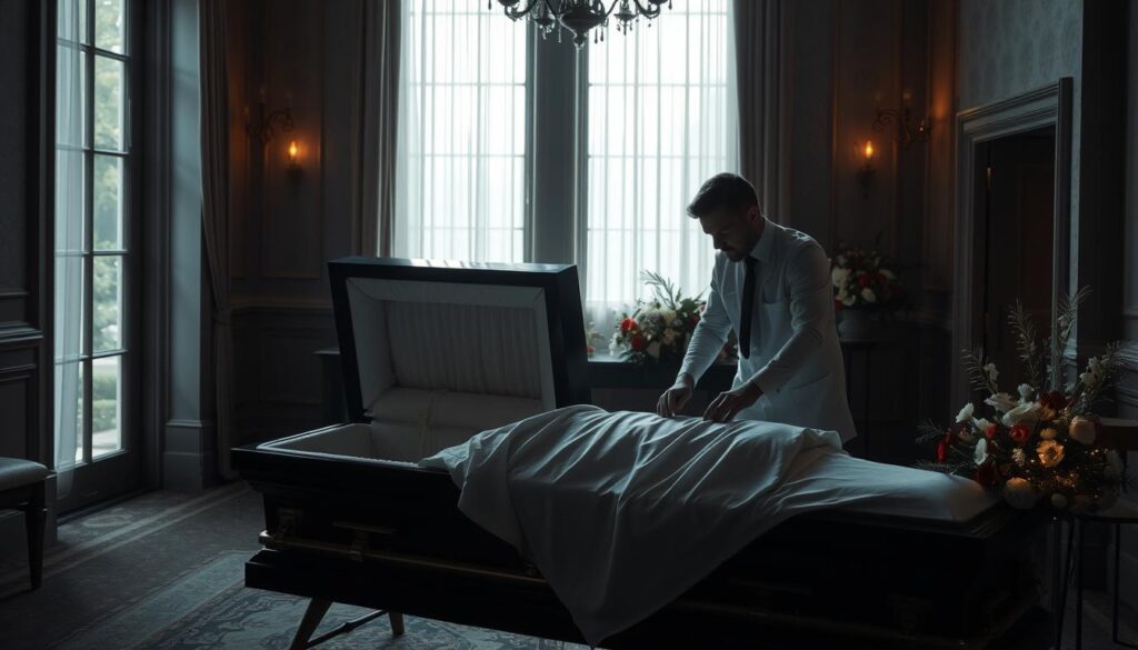 A dimly lit funeral home interior, with a solemn, reverent atmosphere. In the center, a casket lies open, revealing the delicate work of a skilled mortician draping the deceased in flowing white robes. Surrounding the casket, the mortician moves with practiced motions, meticulously arranging flowers and personal items to create a serene, peaceful scene. Soft, warm lighting filters in through tall windows, casting a gentle glow over the proceedings. The mortician's face is thoughtful, their attention focused on the task at hand, conveying the gravity and importance of their role in honoring the departed.