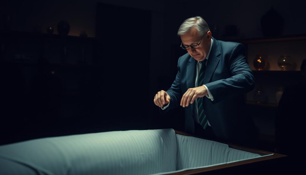 A dimly lit funeral home interior, with a solemn, reverent atmosphere. In the foreground, a casket lies open, surrounded by a somber gathering of mourners. The casket's lid is being carefully lowered by a dignified, experienced funeral director, their movements precise and respectful. The director's hands are steady, their expression one of quiet focus, as they guide the casket's descent. In the background, shelves of urns and memorial items line the walls, casting subtle shadows. The lighting is soft, creating a contemplative mood, as if capturing a moment of quiet reflection amidst the solemnity of the funeral process.