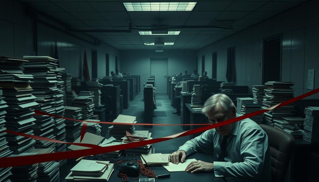 A dimly lit government office, the air thick with the weight of bureaucracy. In the foreground, a weary bureaucrat sits at a cluttered desk, surrounded by towering stacks of files and a maze of red tape. Their expression is one of resignation, reflecting the challenges of navigating the complex web of rules and regulations. The middle ground reveals a maze of cubicles and cramped workspaces, each occupied by similar figures, their faces obscured by the monotony of their tasks. In the background, a sense of confinement and isolation pervades, with narrow corridors and a muted color palette emphasizing the constraints of the bureaucratic system. Soft, diffused lighting casts long shadows, creating a somber and oppressive atmosphere. The overall scene conveys the inherent challenges and frustrations faced by bureaucrats in their daily work.