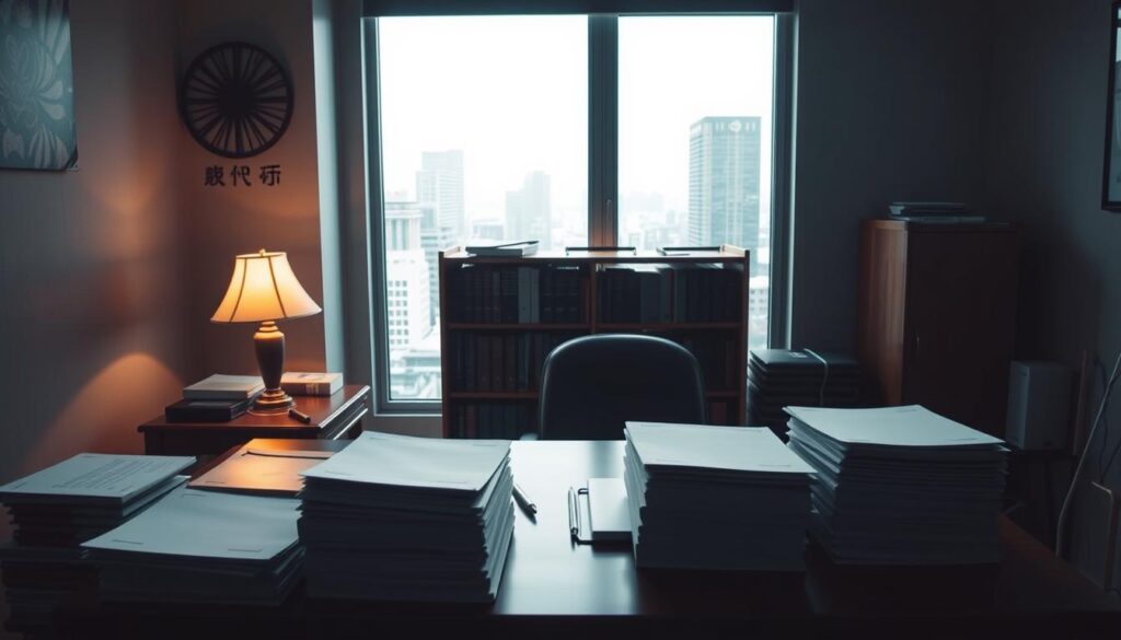 A dimly lit government office, the walls adorned with the Japanese national emblem. In the foreground, a meticulously organized desk with neatly stacked forms and an open laptop, illuminated by a warm desk lamp. The middle ground features a bookshelf filled with thick tomes, alluding to the bureaucratic knowledge required. In the background, a window offers a glimpse of the bustling city outside, a stark contrast to the contained, professional atmosphere. The lighting is soft, casting subtle shadows that convey a sense of focus and concentration. The overall mood is one of seriousness, diligence, and the pursuit of a coveted civil service career.