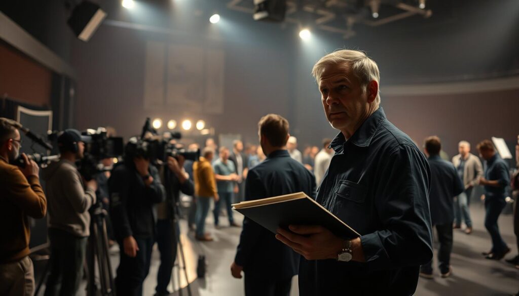 A dimly lit, hectic film set with an assistant director overseeing a team of production crew. In the foreground, the assistant director stands, clipboard in hand, brow furrowed in concentration as they issue stern instructions to the nervous-looking camera operators and lighting technicians surrounding them. The middle ground is a flurry of activity, with grips hustling to move equipment, actors rehearsing their lines, and the director conferring with the cinematographer. In the background, the expansive sound stage is filled with the buzz of intense focus, the faint glow of studio lighting casting deep shadows across the scene. An atmosphere of high-stakes pressure and unwavering professionalism permeates the frame, capturing the demanding nature of an assistant director's role on a challenging film shoot.
