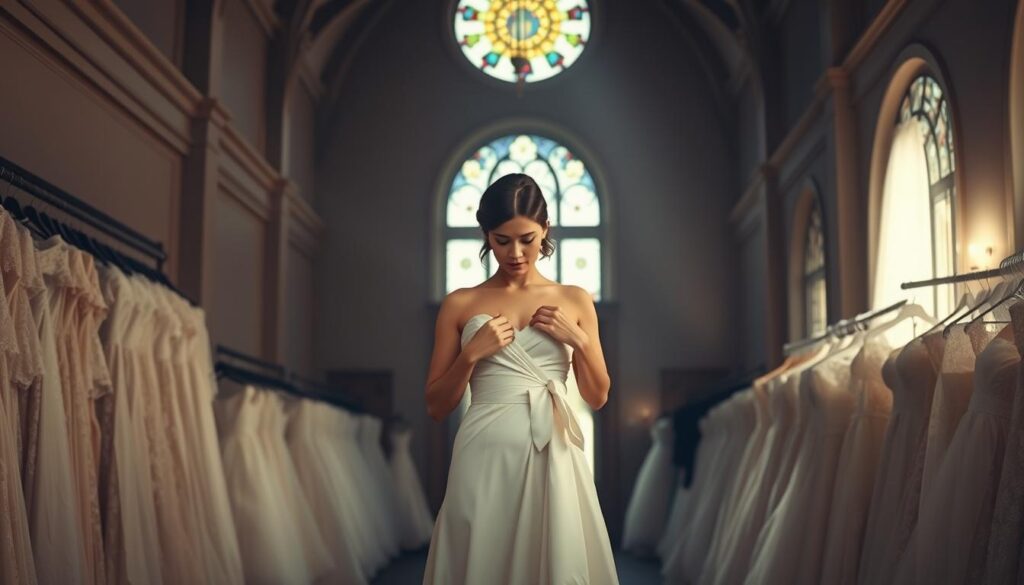 A dimly lit, high-ceilinged bridal salon, its walls lined with racks of elegant gowns in shades of ivory and lace. A single model stands in the center of the frame, her expression pensive as she fidgets with the delicate satin sash of her dress. Soft, warm lighting filters in through stained-glass windows, casting a muted, romantic glow over the scene. The air is heavy with the scent of fresh flowers, underscoring the inherent tension and uncertainty of the bridal industry - a world of high expectations, tight margins, and the ever-present risk of disappointment.