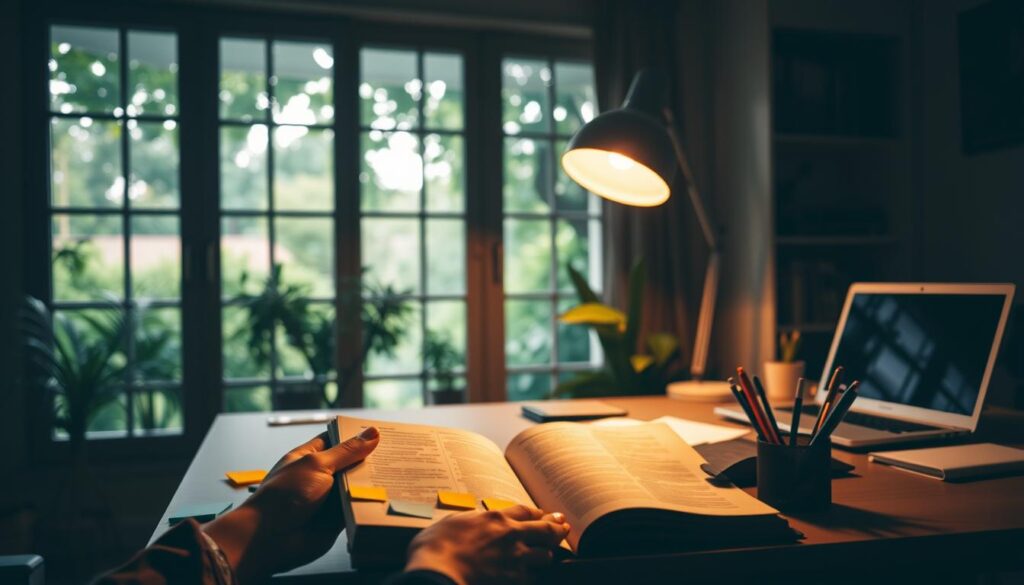 A dimly lit home office with a desk, lamp, and laptop computer. In the foreground, a person's hands are holding a book open, deep in study. On the desk, an array of colorful sticky notes and a pen cup suggest a methodical approach to skill acquisition. The background features a large window overlooking a lush, verdant garden, symbolizing the growth and flourishing that can come from dedicated practice. Soft, warm lighting illuminates the scene, creating a contemplative and focused atmosphere. The composition emphasizes the balance between focused work and the nurturing environment that supports it, capturing the essence of efficient skill development.