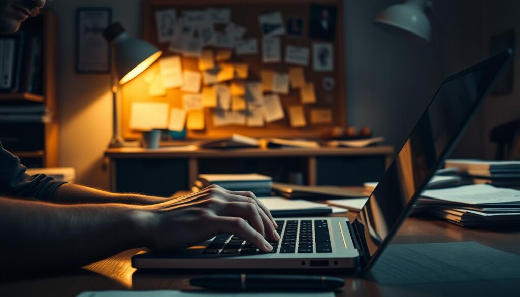 A dimly lit home office with a wooden desk, scattered papers, and a laptop. In the foreground, a person's hands are typing on the keyboard, fingers moving with focused intensity. The background features a corkboard filled with sticky notes, character sketches, and plot outlines, hinting at the creative process of a screenplay writer. Soft, warm lighting casts a contemplative mood, emphasizing the concentration and dedication required for the craft. A sense of quiet, purposeful work permeates the scene, capturing the essence of a screenwriter's daily tasks.