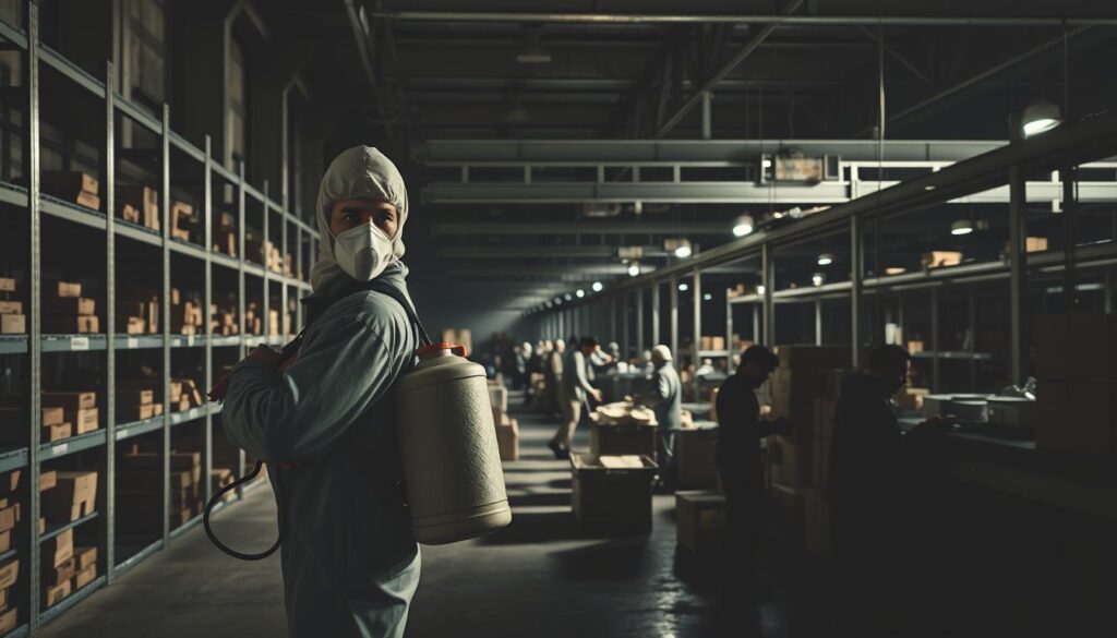 A dimly lit industrial warehouse, concrete floors and metal shelves lining the walls. In the foreground, a pest control operator in a protective suit and mask, carrying a heavy canister of chemical spray. The middle ground shows workers toiling away, sorting and packing goods, their expressions weary. In the background, a series of overhead conveyor belts transports crates and boxes, casting long shadows across the scene. The lighting is harsh, creating deep, dramatic shadows that accentuate the laborious nature of the work. The atmosphere is one of monotony and physical strain, capturing the realities of the pest control operator's daily life.