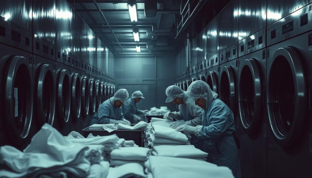 A dimly lit interior of a commercial laundry facility, with rows of large industrial washing machines and dryers lining the walls. The air is thick with the scent of detergent and the hum of machinery. In the foreground, a group of workers in protective gear sort, fold, and package freshly cleaned linens, their faces etched with a mix of fatigue and diligence. The lighting is harsh, casting long shadows across the cluttered workspace. The overall atmosphere conveys the physically demanding and repetitive nature of the job, highlighting the need for proper training, safety protocols, and fair labor practices in the cleaning industry.