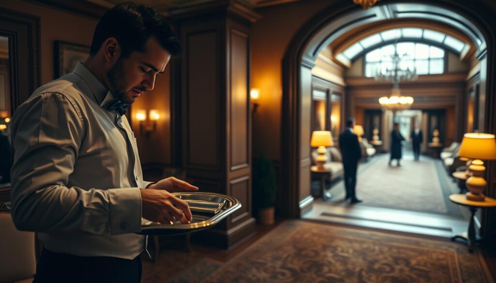A dimly lit interior of a grand manor, showcasing the daily routine of a diligent butler. In the foreground, the butler meticulously polishes a silver tray, his movements precise and efficient. The middle ground reveals the butler overseeing the preparation of a lavish meal, guiding a team of expert chefs. In the background, a panoramic view of the manor's grand entryway, where the butler greets guests with impeccable poise and hospitality. The scene is illuminated by warm, soft lighting, capturing the butler's focus and the elegant atmosphere of the manor. The composition emphasizes the butler's integral role in maintaining the household's smooth operation and prestigious ambiance.
