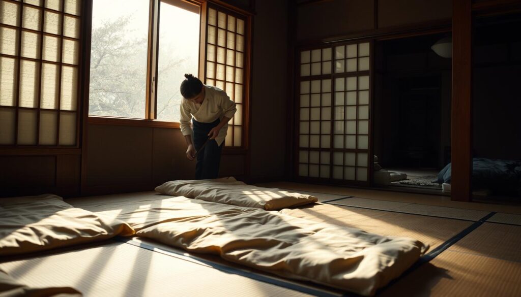 A dimly lit interior of a traditional Japanese ryokan, with a hardworking servant in the foreground meticulously arranging the bedding on the tatami floor. Soft natural light filters in through shoji screens, casting gentle shadows across the room. In the background, a glimpse of the servant's basic accommodations - a small, sparsely furnished living space. The atmosphere is one of quiet diligence and humble, unassuming labor, reflecting the arduous working conditions of the ryokan staff. A wide-angle lens captures the scene, conveying a sense of the servant's restricted living and working environment.