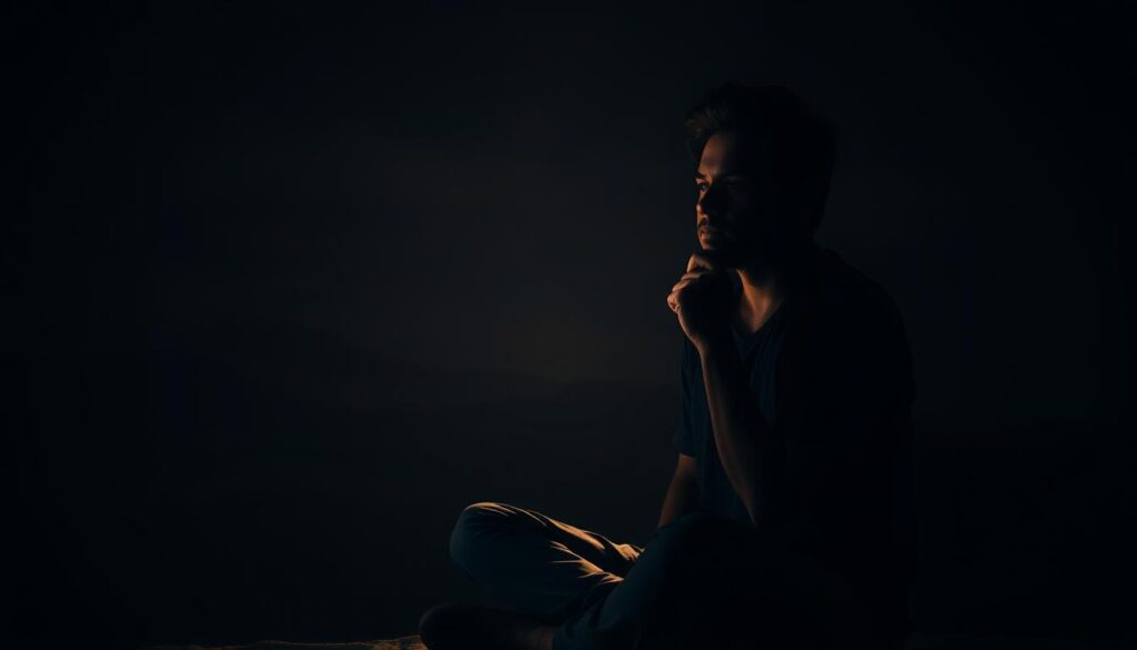 A dimly lit, introspective scene showcasing the importance of self-analysis. In the foreground, a thoughtful individual sits cross-legged, deep in contemplation, their face illuminated by a soft, warm glow. The background is a muted, abstract landscape, hinting at the complex inner journey of self-discovery. The lighting is low-key, creating a pensive, meditative atmosphere, emphasizing the gravity and depth of the self-analysis process. The composition is balanced, with the subject positioned centrally, their pose conveying a sense of focus and determination. The overall tone is one of quiet introspection, guiding the viewer to consider the value of self-reflection in achieving personal and professional growth.