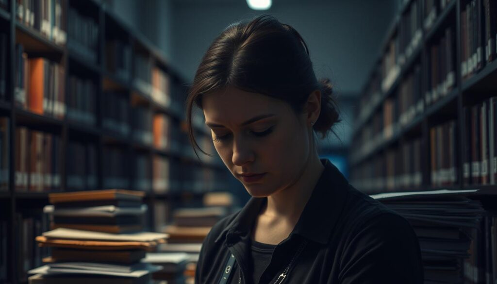 A dimly lit library interior, the shelves casting long shadows. In the foreground, a library assistant, their expression one of deep contemplation, eyes downcast as they grapple with the challenges of their role. Stacks of books and papers surround them, hinting at the workload and administrative duties they must navigate. The lighting is soft, creating a pensive mood, as the assistant ponders how to best serve their patrons while managing limited resources and high expectations. The background is blurred, drawing the viewer's focus to the library assistant's introspective state.