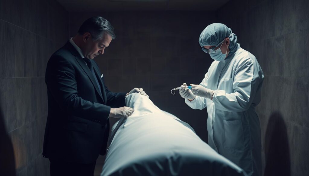 A dimly lit mortuary, the solemn presence of a funeral director and an embalmer performing their respective tasks. The funeral director, clad in a dark suit, carefully wraps the deceased in a pristine white shroud, while the embalmer, wearing a sterile gown, delicately injects preservative fluids into the body. The contrast between their roles is palpable, one focused on the respectful preparation of the departed, the other on the technical preservation of the remains. The scene is bathed in a soft, warm light, creating an atmosphere of reverence and solemnity, as the two professionals carry out their vital duties with the utmost care and attention.