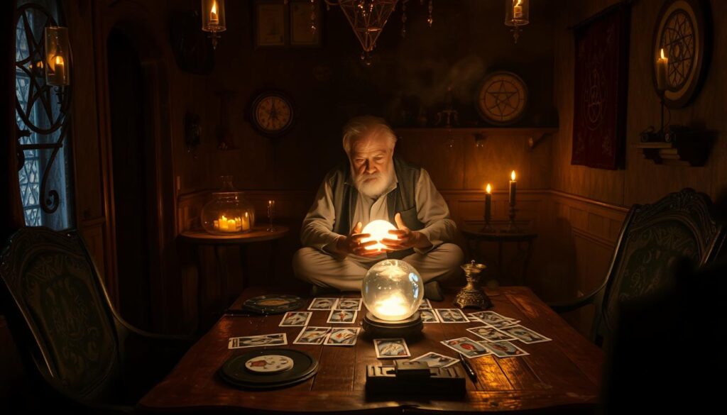A dimly lit mystic's parlor, adorned with arcane symbols and twinkling crystals. In the center, a soothsayer sits cross-legged, gazing intently into a crystal ball, their weathered face illuminated by the soft glow. Tarot cards are scattered across a worn, mahogany table, hinting at the divination rituals performed here. Shadows dance on the walls, creating an atmosphere of mystery and introspection. The air is thick with the scent of incense, guiding the viewer's senses towards a deeper understanding of the occult arts. Soft, golden lighting casts a warm, contemplative mood, inviting the viewer to ponder their own destiny and the hidden truths that lie within.