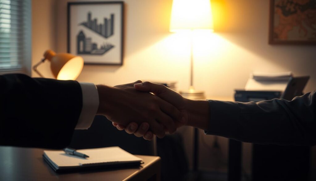 A dimly lit office environment, with a single desk illuminated by a warm desk lamp. On the desk, a laptop computer, a stack of files, and a pen resting on a notebook. In the foreground, a hand reaching out to shake another hand, representing the handshake during a reference check. The background is slightly blurred, but suggests the office setting, with a sense of professionalism and confidentiality. The lighting is soft and creates a sense of seriousness and importance, reflecting the purpose of the reference check. The overall mood is one of a private, discreet transaction, with a focus on the handshake as the central action.