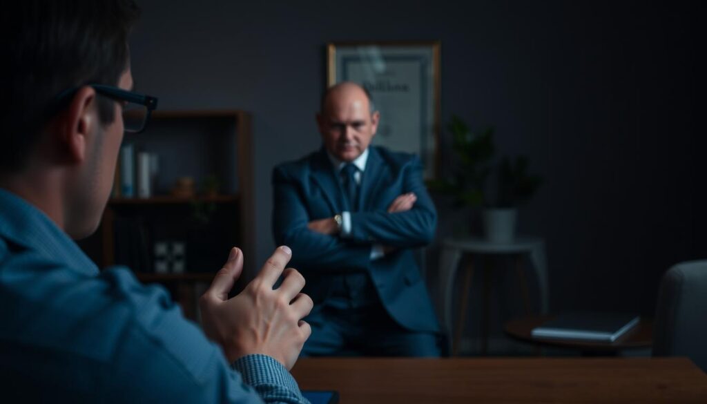 A dimly lit office interior, the tension palpable as a nervous job candidate sits across from a stern-faced hiring manager. In the foreground, the candidate's hands fidget, betraying their anxiety. In the middle ground, the interviewer's stern expression and crossed arms convey an air of scrutiny. The background is blurred, but suggests the trappings of a professional setting - a bookshelf, a potted plant, a framed diploma on the wall. Soft, dramatic lighting casts shadows, adding to the sense of unease. The scene evokes the high-stakes nature of a job interview, where the candidate's mental health status could become a point of concern and potential risk.