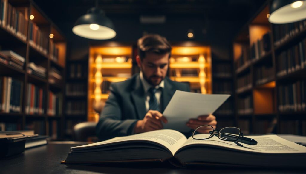 A dimly lit office interior, with a desk in the foreground showcasing an open book, pen, and reading glasses. In the middle ground, a person in a suit is intently proofreading a document, their brow furrowed in concentration. The background features bookshelves lining the walls, casting a warm glow and evoking a sense of scholarly focus. The scene is captured with a shallow depth of field, emphasizing the attention to detail and precision required for the critical task of proofreading and editing. The overall mood is one of quiet professionalism and the importance of meticulous review.