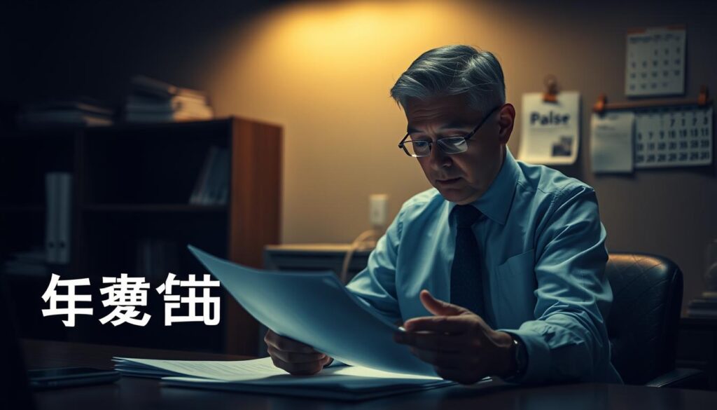 A dimly lit office interior, with a focused middle-aged professional sitting at a desk, meticulously reviewing retirement paperwork. The scene is bathed in warm, muted tones, conveying the gravity and importance of the task at hand. In the background, a bookshelf and a calendar on the wall suggest the passage of time and the need for diligence in managing one's financial future. The lighting is soft and directional, casting subtle shadows that add depth and drama to the composition. The overall mood is one of contemplation and the weight of responsibility, underscoring the significance of the "年金手続きの重要性" (Importance of Pension Procedures) subject matter.
