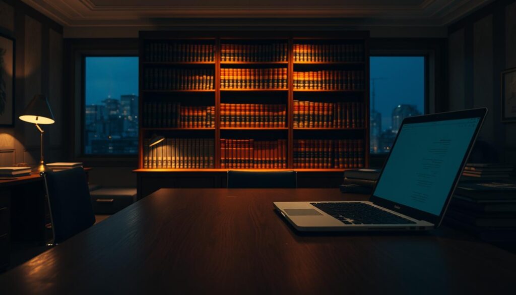 A dimly lit office interior, with a large wooden desk in the foreground. On the desk, an open laptop and a stack of files, symbolizing the process of reference checking. The middle ground features a bookshelf filled with legal tomes, casting a warm, scholarly ambiance. In the background, a window looks out onto a city skyline, hinting at the professional context. The lighting is muted, with a soft, golden glow emanating from desk lamps, creating an atmosphere of diligence and focus. The overall scene conveys the importance and confidentiality of the reference checking process.