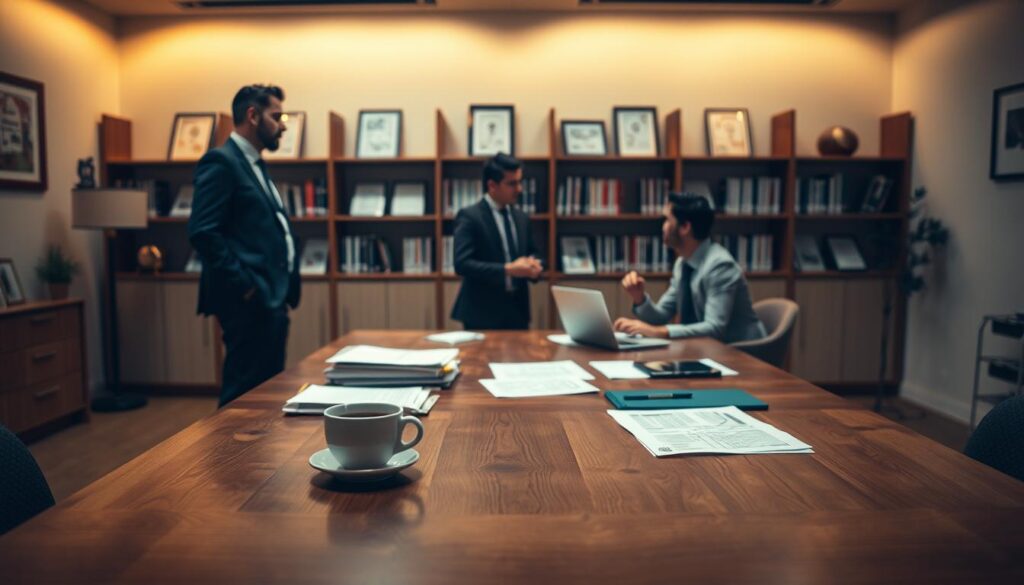 A dimly lit office interior with a large wooden desk in the foreground. On the desk, various documents, a laptop, and a cup of coffee sit neatly arranged. In the middle ground, a team of three business professionals, one standing and two seated, engaged in a lively discussion, their body language conveying a sense of collaboration and problem-solving. The background features shelves lined with books and framed certificates, suggesting the authority and expertise of the consulting firm. Soft, warm lighting casts a professional and thoughtful atmosphere throughout the scene.