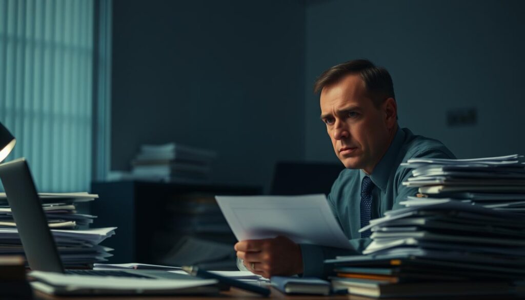 A dimly lit office interior with a pensive businessman sitting at a cluttered desk, surrounded by stacks of documents and a laptop. The lighting is muted, creating a sense of contemplation and concern. The businessman's brow is furrowed, his expression conveying the weight of the challenges he faces regarding the fellowship program. The background is slightly blurred, placing the focus on the man and the problem at hand. The scene evokes a mood of thoughtfulness and the need to address the complex issues within the fellowship system.
