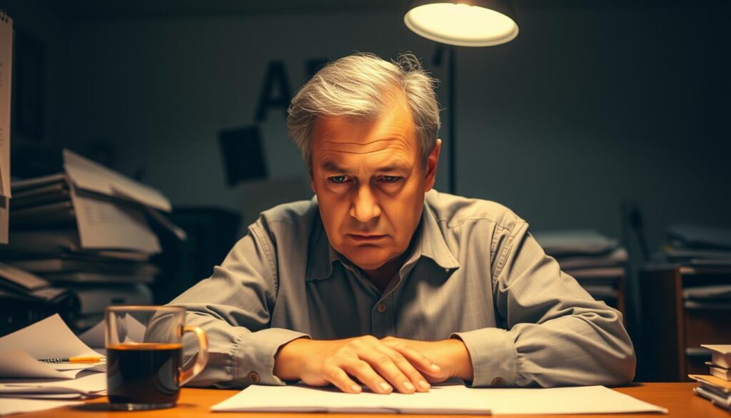 A dimly lit office scene, with a middle-aged person sitting at a desk, looking dejected. The background is cluttered with scattered papers and a half-empty coffee mug, conveying a sense of disorganization and uncertainty. Soft, warm lighting casts shadows on the person's face, highlighting their furrowed brow and downcast expression. The atmosphere is one of hesitation and regret, reflecting the potential downsides of returning to a previous employer. The composition draws the viewer's attention to the central figure, emphasizing the personal and emotional aspects of the "出戻り転職" experience.