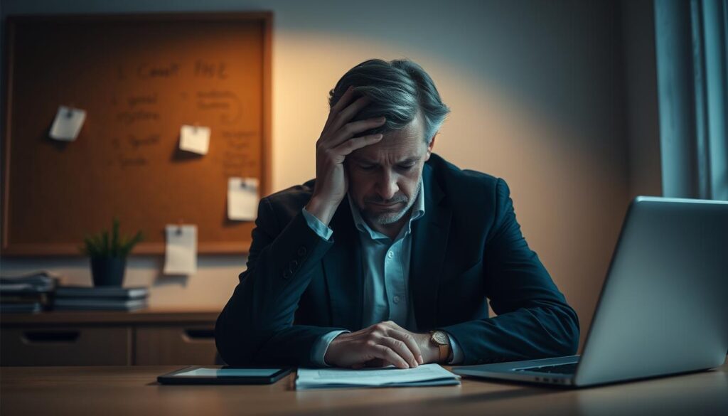 A dimly lit office scene with a middle-aged professional sitting at a desk, their head in their hands, looking frustrated. In the background, a corkboard with scribbled notes and a laptop with an open document. Diffused lighting casts shadows, creating a pensive atmosphere. The focus is on the figure, their body language conveying a sense of disappointment or confusion, as they contemplate their career choices and struggle to craft an impactful job application. The scene evokes the challenges and common pitfalls often encountered when writing effective job application cover letters or expressing one's motivations for a career change.