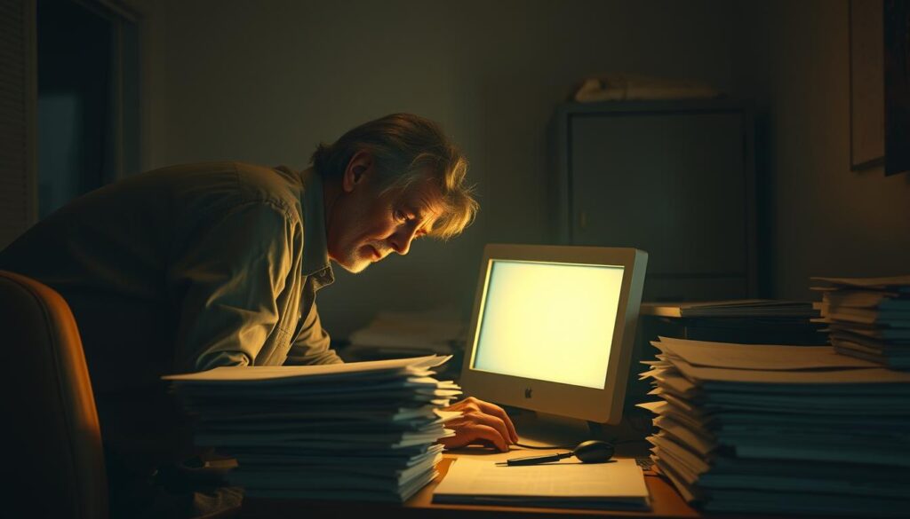 A dimly lit office scene, with a weary caregiver hunched over a cluttered desk, surrounded by stacks of paperwork and a computer screen glowing in the semi-darkness. The room is sparsely furnished, with a plain desk chair and a worn-out filing cabinet in the background. The caregiver's face is partially obscured, conveying the exhaustion of long hours and the burden of administrative tasks that dominate their workday. The lighting is soft and warm, creating a sense of melancholy and the passage of time. The overall atmosphere suggests the hidden realities of the caregiver's daily routine, where the demands of record-keeping and documentation encroach on the time and energy needed for direct care.