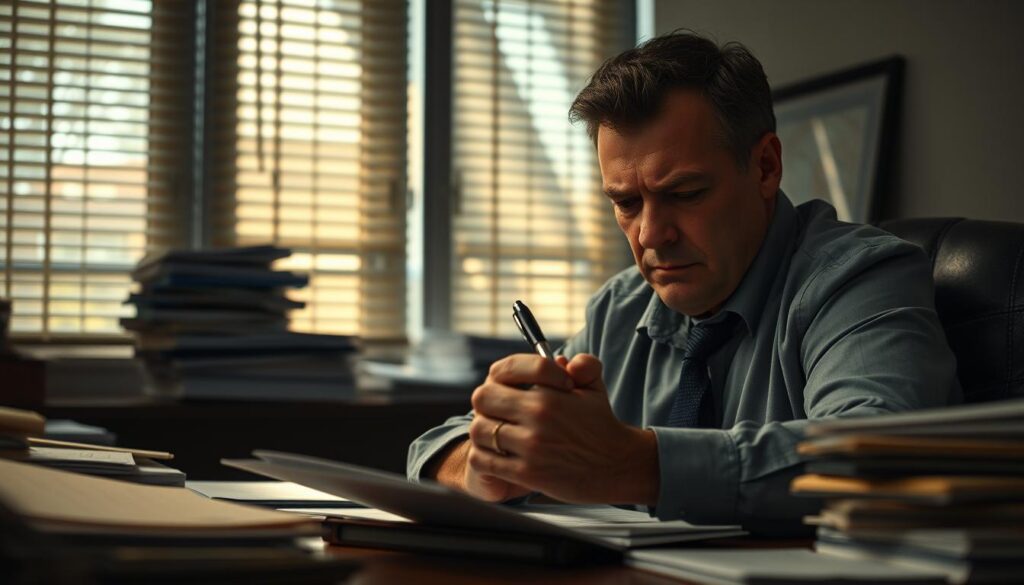 A dimly lit office setting, a weary negotiator seated at a cluttered desk, surrounded by stacks of documents and piles of notes. The room is heavy with tension, the air thick with the weight of difficult discussions. Beams of soft, diffused light filter through the venetian blinds, casting subtle shadows across the negotiator's furrowed brow, highlighting the strain and fatigue etched into their features. The negotiator's hand hovers over a pen, poised to make a crucial decision, the outcome of which will determine the success or failure of the arduous negotiations. The scene captures the sense of pressure, the delicate balance of compromise, and the mental fortitude required to navigate the complexities of this challenging profession.