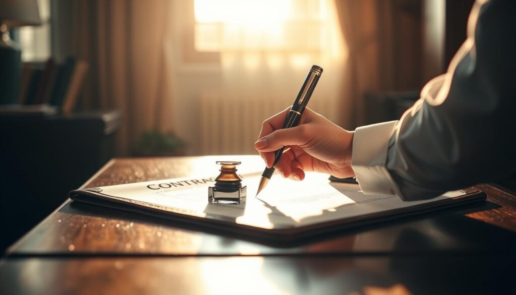 A dimly lit office setting, a wooden desk with a leather-bound contract document resting upon it. Sunlight filters in through the window, casting a warm glow on the scene. In the foreground, a hand in a crisp white shirt sleeve carefully dips a fountain pen into an inkwell, poised to sign the document. The atmosphere is serious and contemplative, reflecting the gravity of the legal agreement being committed to paper. The background is softly blurred, allowing the focus to remain on the act of signing the contract, a pivotal moment in a professional transition.